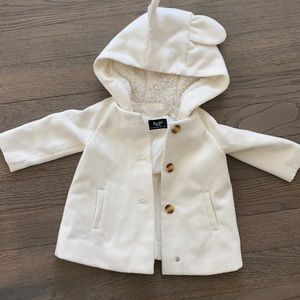 Baby girl white coat with ears. Fur lined hood